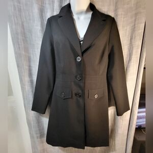 Two Roads Vintage Polyester Plain Black Ladies Long Coat slim waist jacket sz 8
